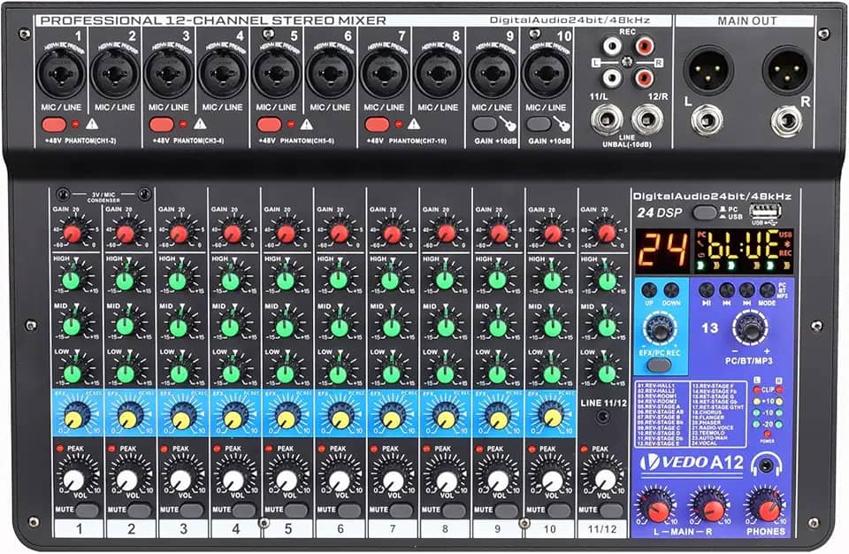 mesa de som, vedo A12 12 canais digital/número profissional portátil com reverb bluetooth usb interface audio/áudio mixer