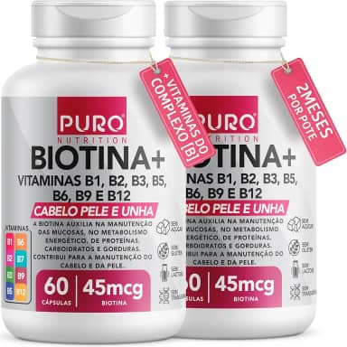 Kit 2 Biotina + Puro Nutrition Pele, Cabelo e Unhas, 45 mcg de Biotina por dose, Vitaminas B1, B2, B3, B5, B6, B9 e B12, 60 Cápsulas por Pote