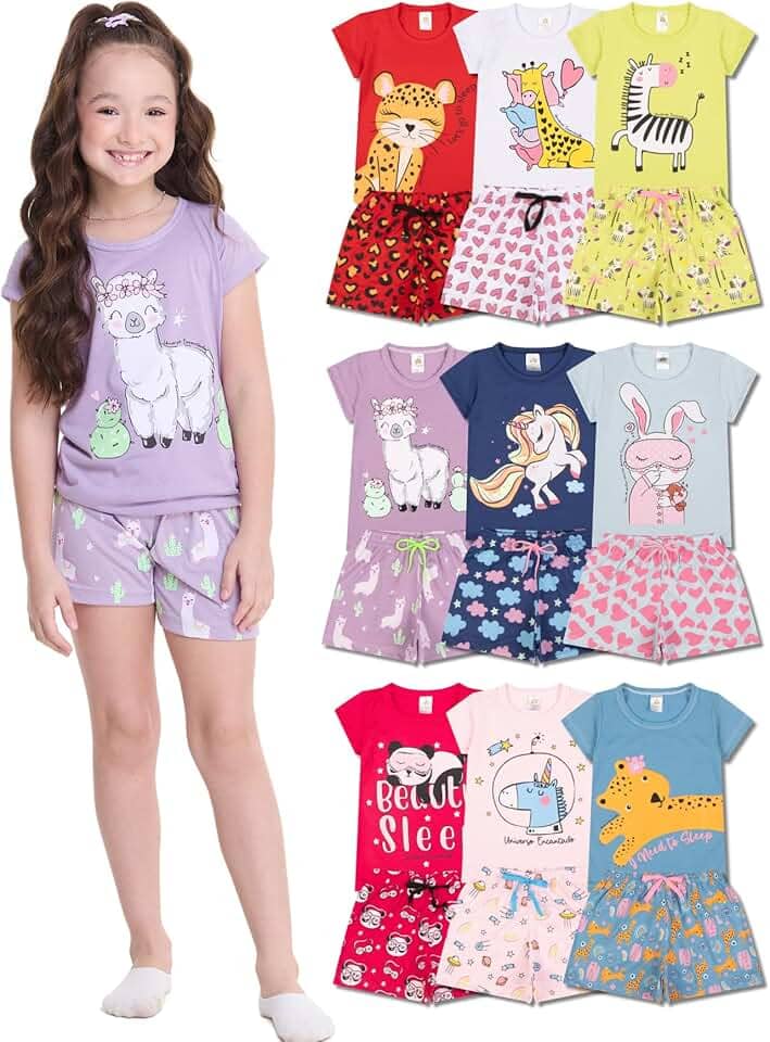 Kit Sortido 8 Peças Pijama Curto Infantil Menina - 4 Pijama Infantil Feminino Algodão