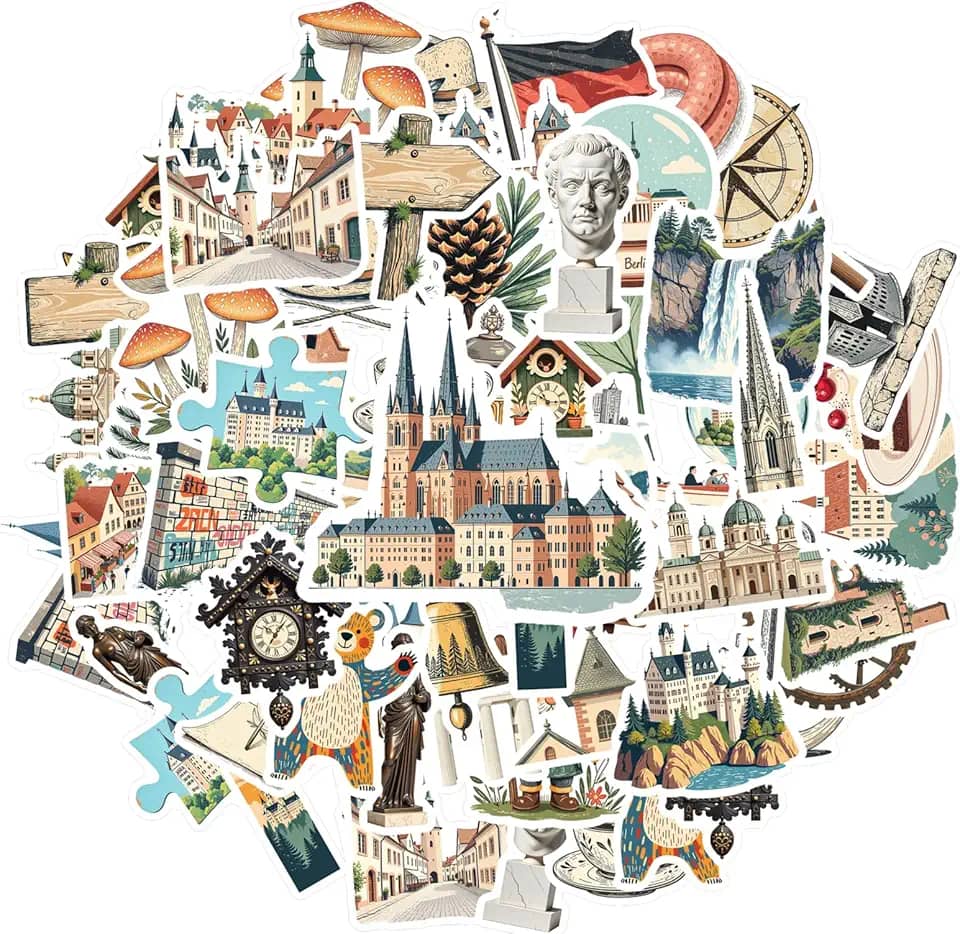 50 pçs Alemanha Tour Arquitetura Marcos Cultura Papelaria Adesivos Pacote de Adesivos Arquitetônicos DIY Adesivos para DIY Telefone Guitarra Laptop Notebook Mala Copo Laptop Motocicleta Bagagem