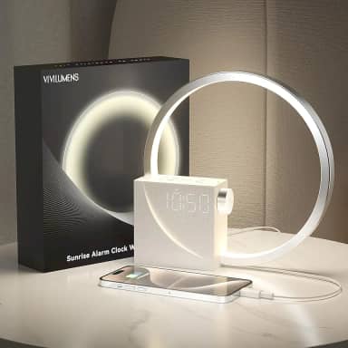 Vivilumens Despertador digital Sunrise, máquina de som de ruído branco, temporizador de auxílio ao sono com porta USB, visor digital regulável, soneca, 10 toques para pessoas com sono pesado, presente