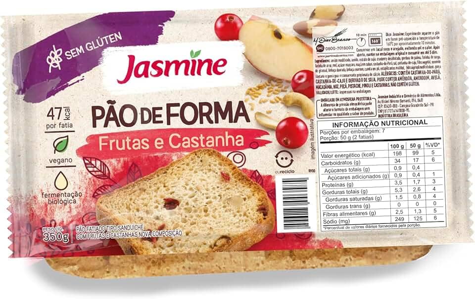 Jasmine Pão de Forma com Frutas e Castanhas Sem Glúten 350g