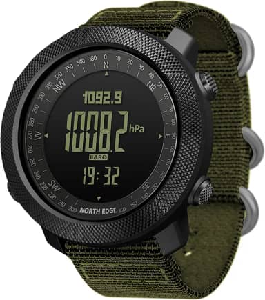 North Edge Apache Relógio digital esportivo tático masculino, bússola militar de sobrevivência ao ar livre, robusto, com pulseira durável, pedômetro rastreador de passos e calorias (verde)