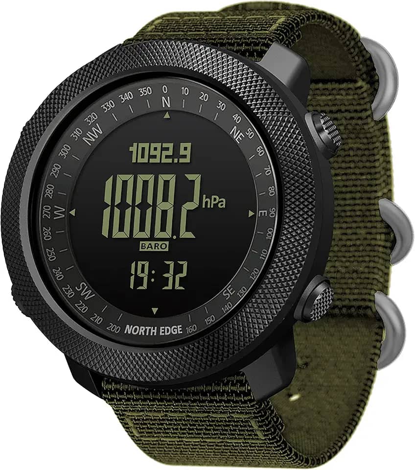 North Edge Apache Relógio digital esportivo tático masculino, bússola militar de sobrevivência ao ar livre, robusto, com pulseira durável, pedômetro rastreador de passos e calorias (verde)