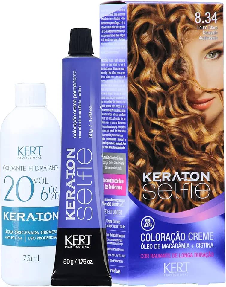 Keraton Coloração Permanente Em Creme Para Cabelos Com Cistina E Óleo De Macadâmia Selfie 50G Nº 8.34 Louro Claro Dourado Acobreado
