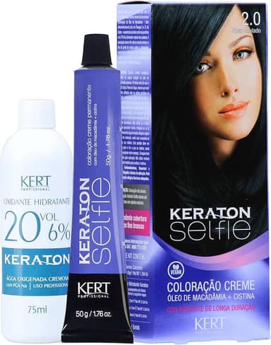Coloração permanente em creme para cabelos, Com cistina e óleo de macadâmia, Selfie, 50g, Keraton, Nº 2.0 Preto Azulado