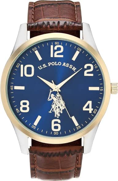 U.S. Polo Assn. Relógio social analógico masculino com mostrador azul Sunray bisel dourado e pulseira de couro sintético marrom – Relógio clássico de quartzo inclui caixa para pulsos de 14 a 20 cm