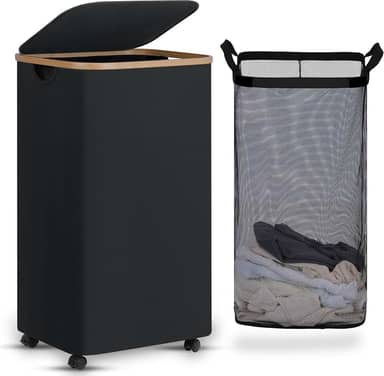 efluky Cesto de Lavanderia com Rodas, Cesto de Roupas Sujas Alto com Tampa e Bolsa Removível, 100L, Preto