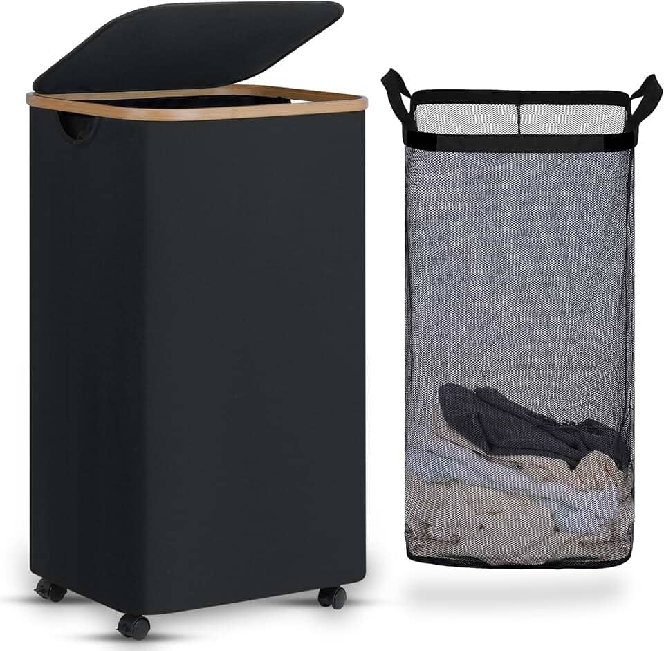 efluky Cesto de Lavanderia com Rodas, Cesto de Roupas Sujas Alto com Tampa e Bolsa Removível, 100L, Preto