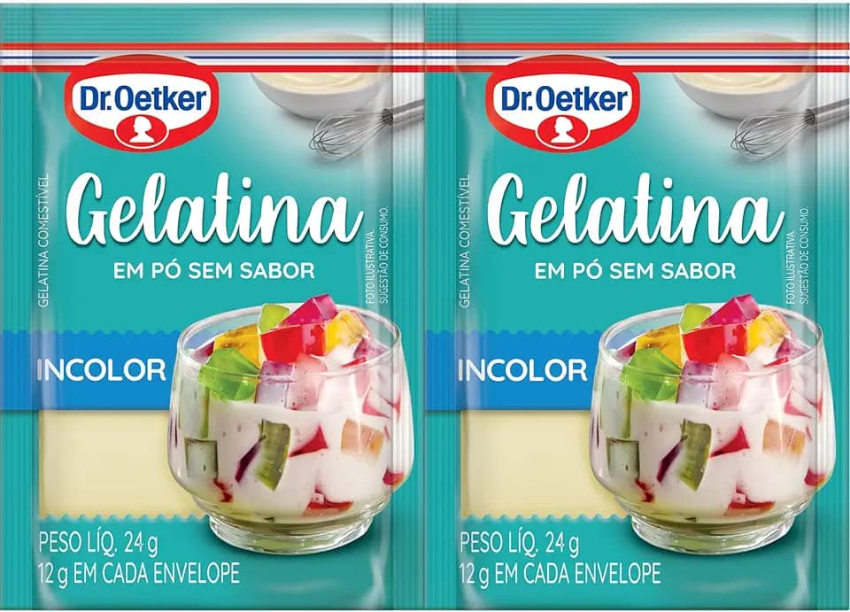 Dr. Oetker Gelatina em Pó, Incolor, Sem Sabor, Mais Consistência Para as Receitas, Sobremesas, Bolos, Tortas e Doces, 24g