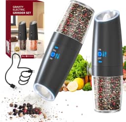 Kit 2 Moedor de Pimenta e Sal Elétrico Automático, Sensor por Inclinação, Operação com Uma Mão, Luz LED, Carregamento por Tipo-C, Ajuste de Moagem, 135ml, Preto, para Cozinha e Churrasco