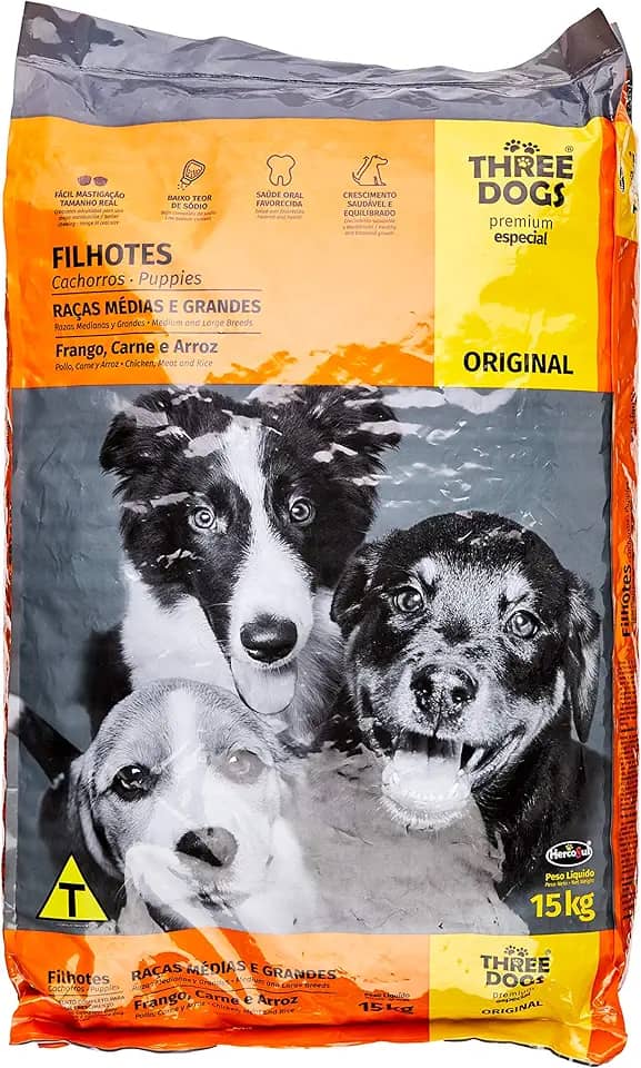 A Ração Three Dogs Original Frango, Carne e Arroz para Cães Adultos Raças Médias e Grandes Biofresh para Todas Médio Filhotes - Sabor Frango 15kg