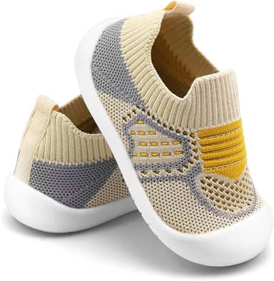Tênis infantil para bebês, respirável, sola macia, antiderrapante, para meninos e meninas, primeira caminhada, 6, 9, 12, 18 e 24 meses, Amarelo-bege, 20