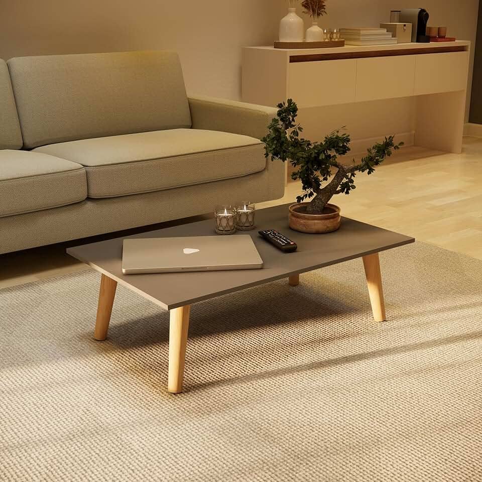 Mesa de Centro Moderna, 80 x 42 cm, Tampo MDF, Pés em Madeira Maciça, Altura 32,5 cm (Cinza)