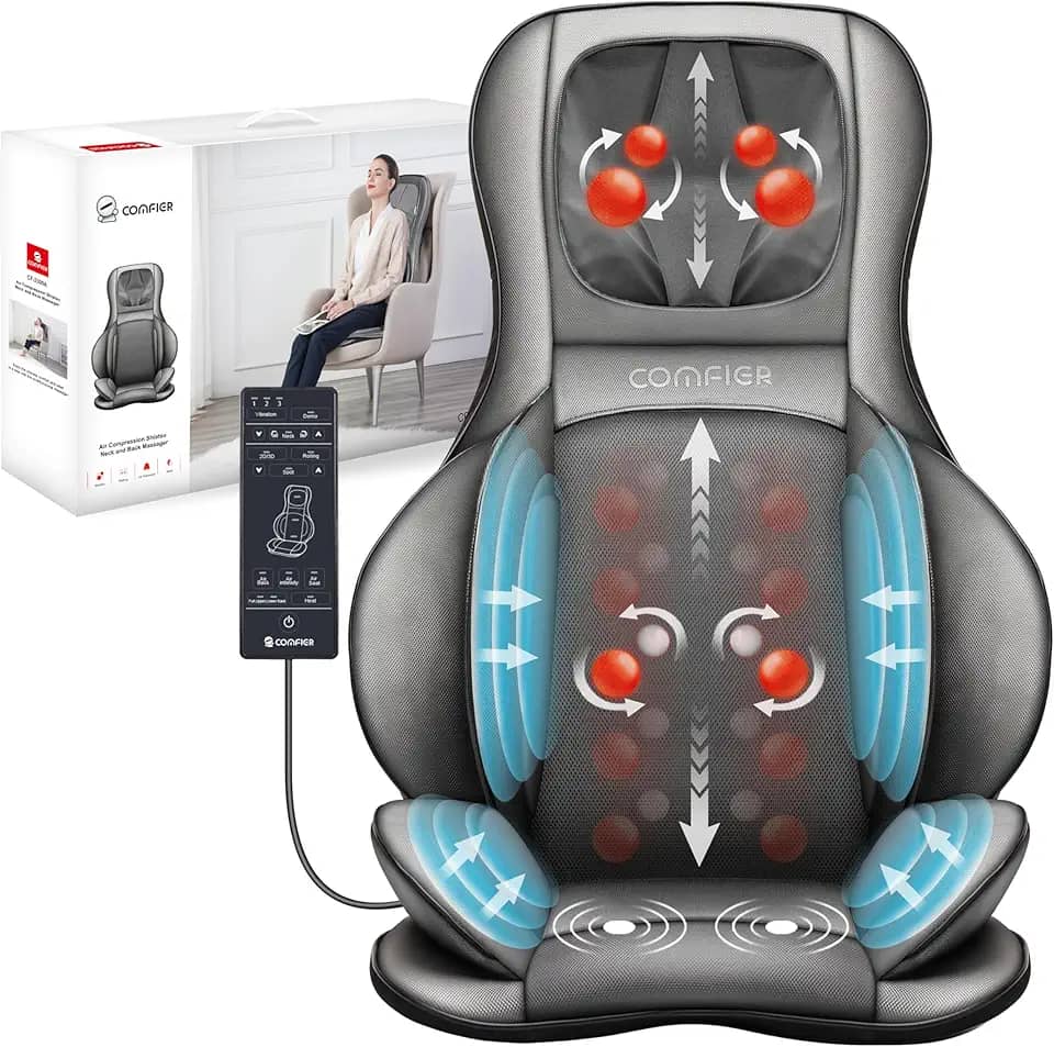 COMFIER Cadeira massageadora com calor, massageador de pescoço Shiatsu nas costas portátil com compressão e enrolamento, almofada de cadeira de massagem para costas inteiras, pescoço e ombros, dor no