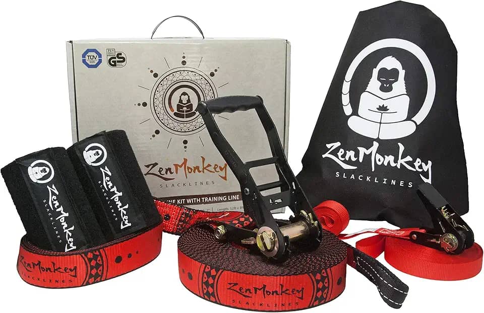 Kit ZenMonkey Slackline com linha de treinamento aéreo, treinador de braço, protetores de árvore, bolsa de transporte de tecido e instruções, 1,8 m – fácil configuração para a família, crianças e