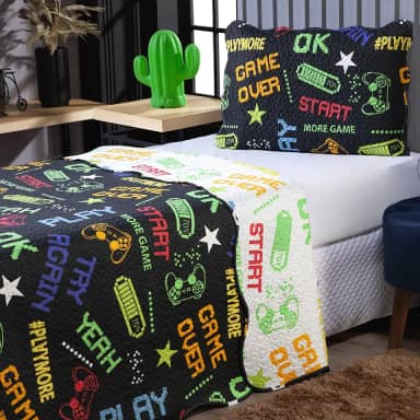 Colcha Dupla Face Estampada Solteiro – Kit Cobre Leito com 2 Peças, Colorido, Confortável e Fácil de Lavar (Solteiro, Game)