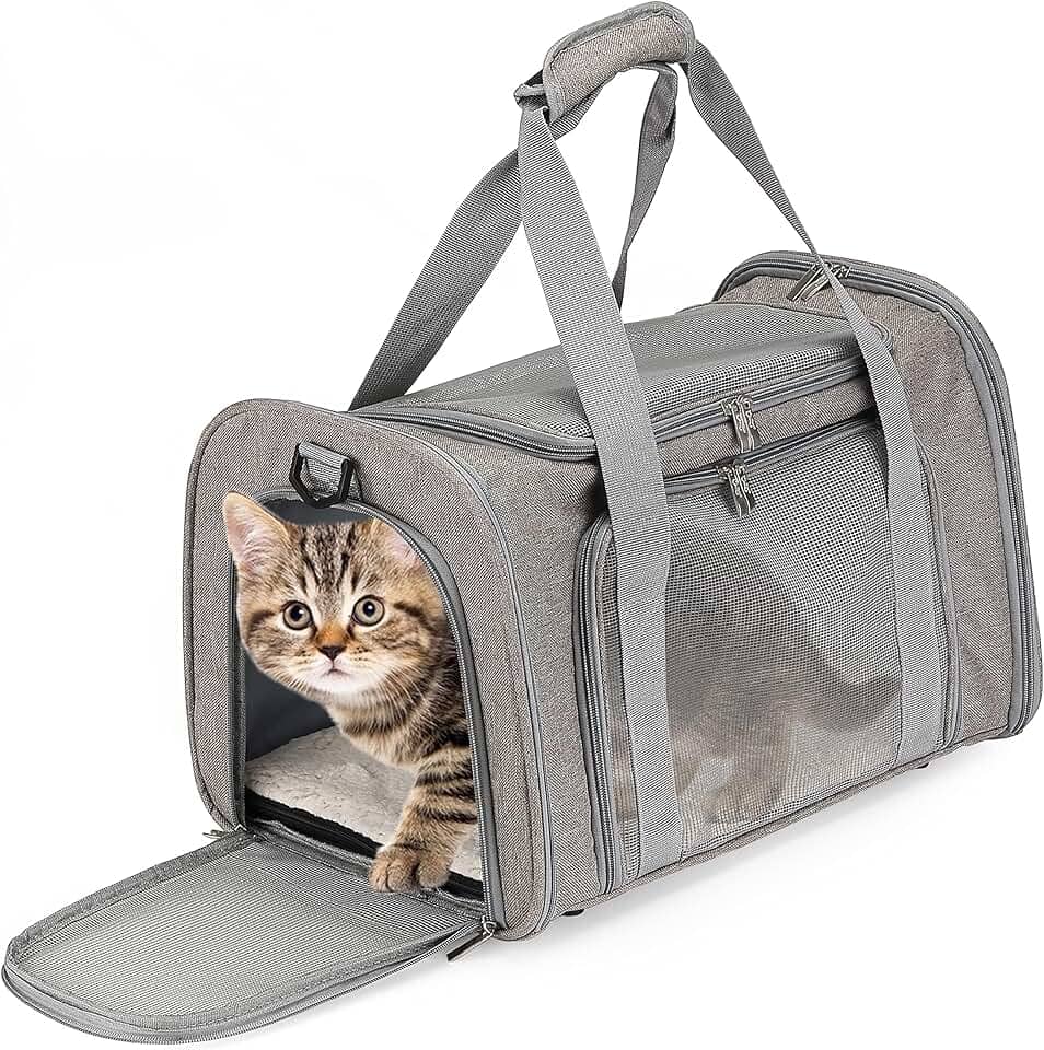 Bolsa Transporte Pet Avião Cabine até 14kg – Cinza, Dobrável com Tela Ventilada, Alças e Tapete Removível para Cães e Gatos