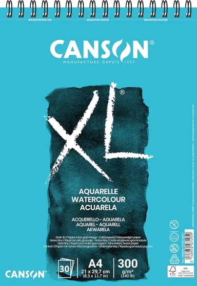 CANSON XL Aquarelle, Caderno Papel para Aquarela com Espiral 300g/m², A4: 21 x 29,7 cm, 30 Folhas