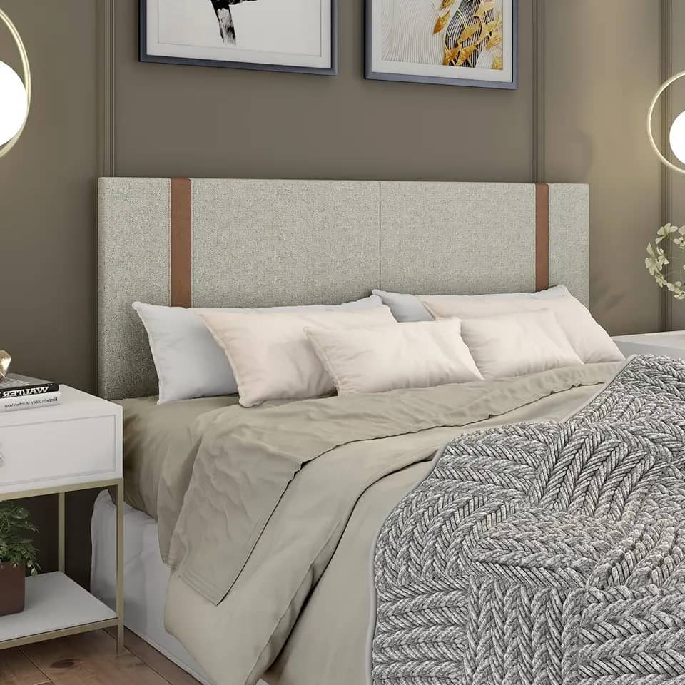 Cabeceira 1.60 Queen em Linho com detalhe em Couro