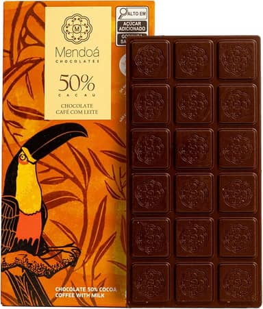 Mendoá, Barra de chocolate premium 50% de cacau ao leite, café com leite, 80 gramas