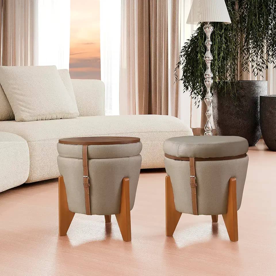 Puff Multiuso Luxo Assento Sala TV 3 em 1 Baú e Mesa de Centro (Bege)