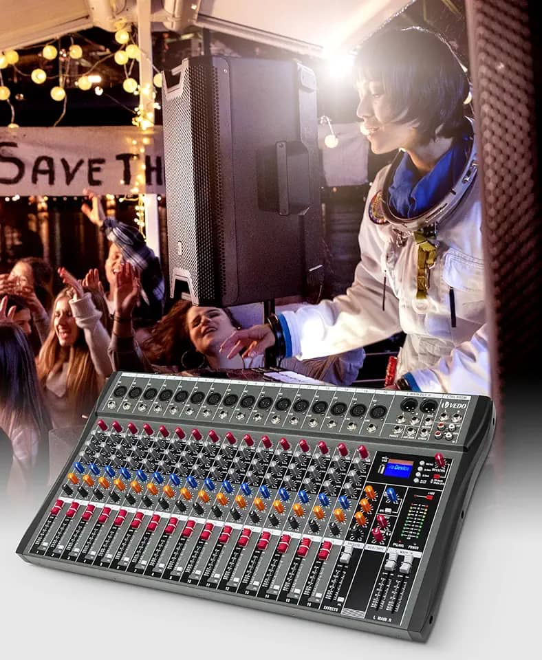 VEDO Mixer Profissional 16 Canais para Shows ao Vivo, Karaokê - USB/Bluetooth, Efeito de Reverb, Saída de Monitoração, Controle de Som de Estúdio e Palco (Alimentação 110V/220V)