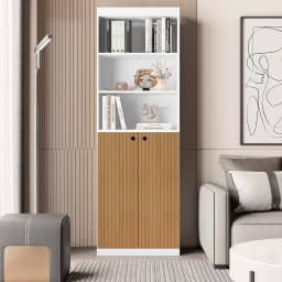 Estante Livreiro Com 5 Prateleiras e 2 Portas Gold Luxo - Branco/Ripado