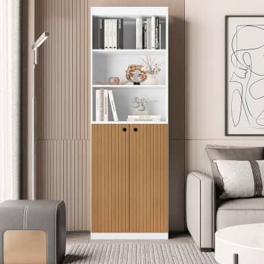 Estante Livreiro Com 5 Prateleiras e 2 Portas Gold Luxo - Branco/Ripado