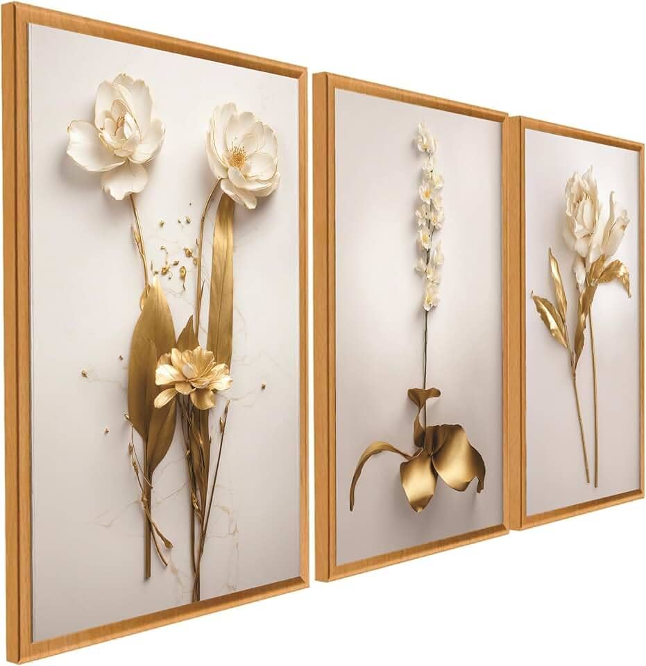 Quadro Decorativo 3 Peças Dourado Floral Branco Ouro Gold Sala Quarto Fácil Fixação com Fita Dupla Face