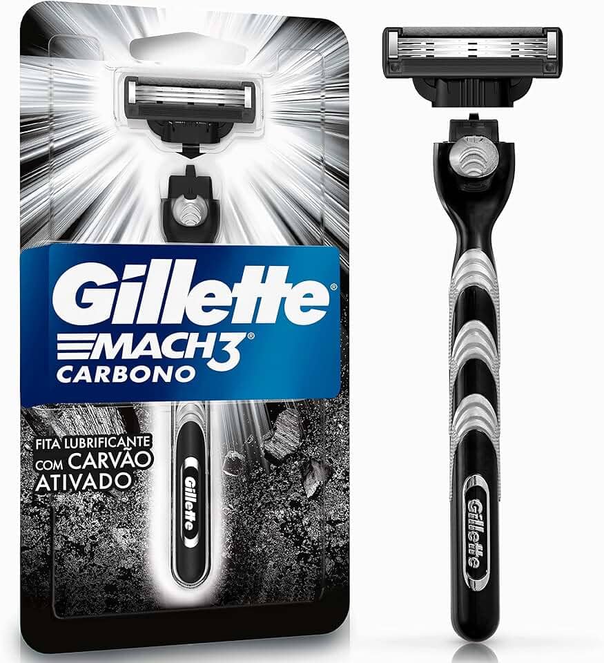 Gillette Mach3 Carbono Aparelho de barbear reutilizável com Carvão Ativado e Fita Lubrificante Melhorada 1 Ud