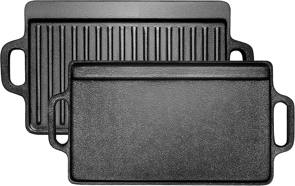 Chapa, Chapa de Ferro Fundido para Fogao, 23 * 45cm, Grill para Fogão e Indução, Duas Maneiras de Usar,
