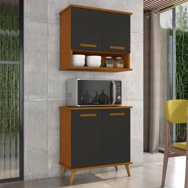 Kit de Cozinha Mavi – Balcão + Armário Aéreo para Transformar Sua Cozinha (Cedro/Preto)