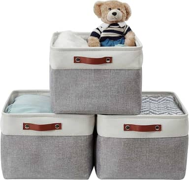 Caixa Cesto Organizador de Tecido Linho Dobrável Cinza com Alça Couro Ecológico (45x35x25cm)