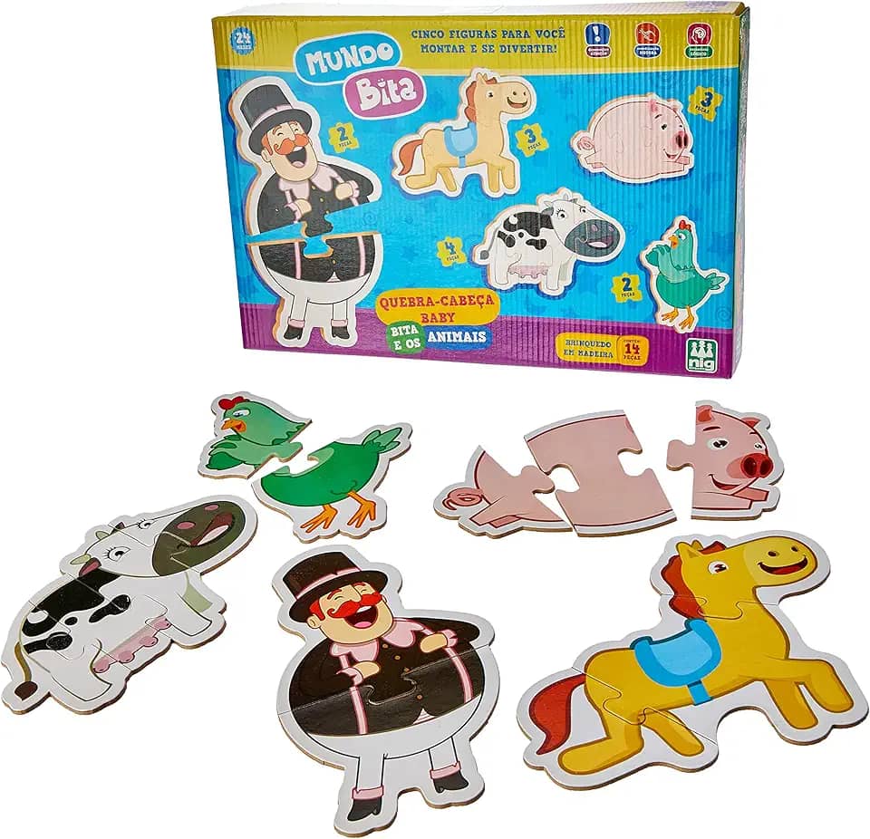 Nig Brinquedos Quebra Cabeça Madeira Baby Bita e os Animais Mundo Bita 14 peças