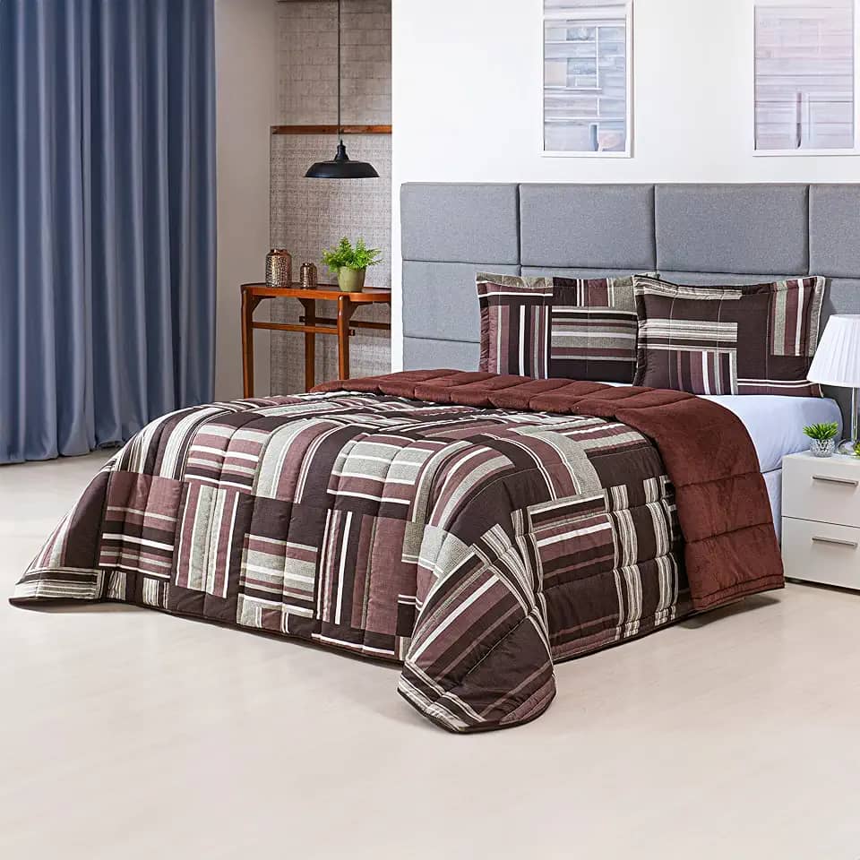 Kit Coberdrom Edrecom Casal Queen 400 Fios Dupla Face Jogo Cama (Geométrico Marrom)