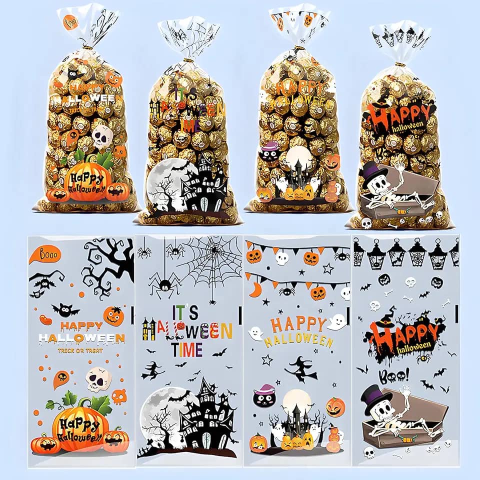 50 unidades de sacos de guloseimas de celofane de Halloween - lembrancinhas de festa de Halloween - Sacos de brindes para crianças | Cesta de presente de doces ou travessuras para presente de festa