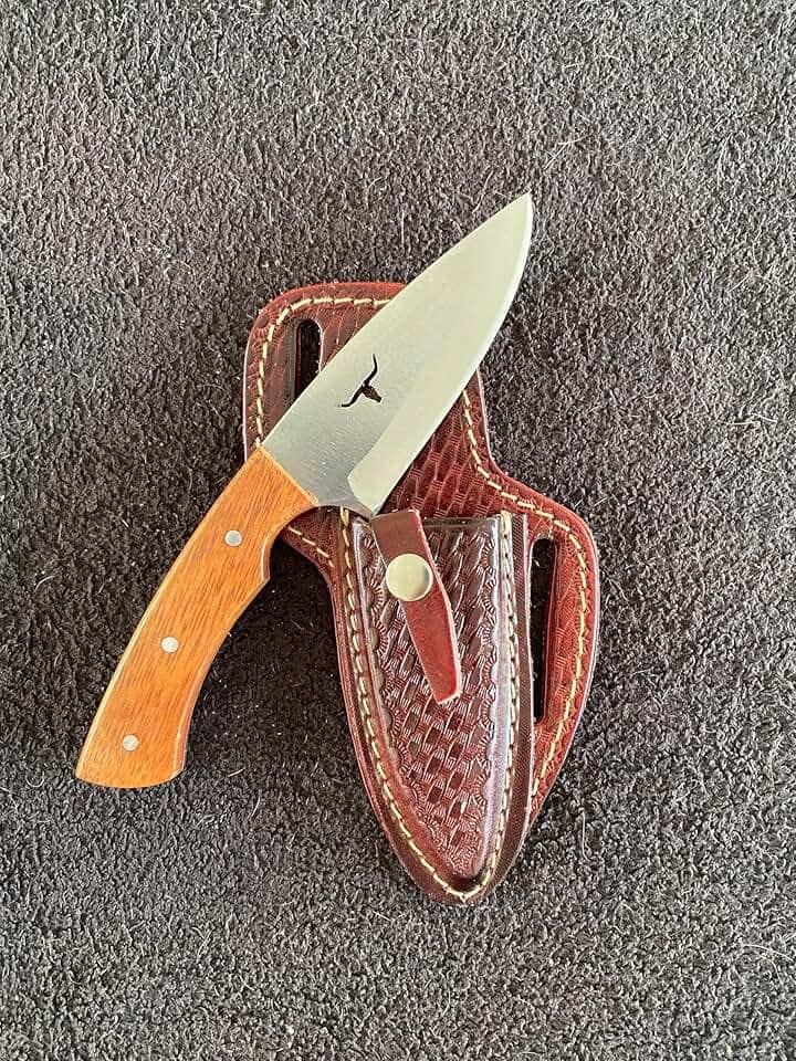 Faca Artesanal Muladeira Boiadeiro Pontuda 21cm com Lâmina Inox 420, Cabo Madeira Nobre Muirapiranga ou Resina + Bainha Couro Legítimo – Funcional para Uso Rural, Churrasco, Trabalho e Dia a Dia