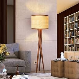 D+MOB Luminaria Chão Abajur Tripe Madeira Retrô Luxo Cúpula Palha Moderno