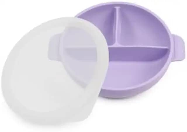 Prato/Tigela em silicone com tampa e divisórias para bebês. Roxo