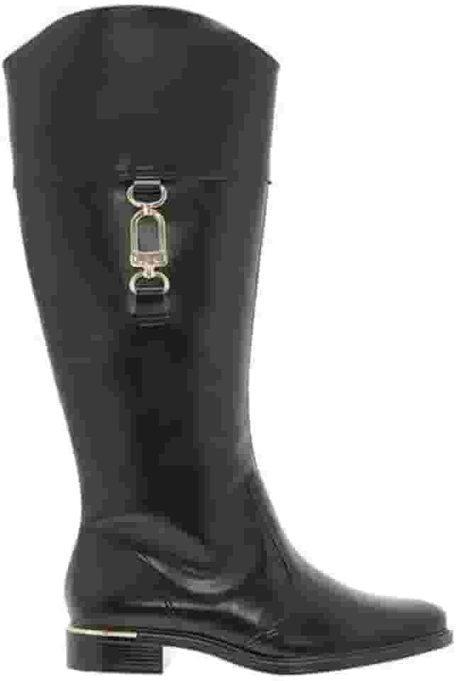 Vizzano Bota Montaria Feminina, Cano Alto, Couro Sintético Preto, Detalhe Dourado