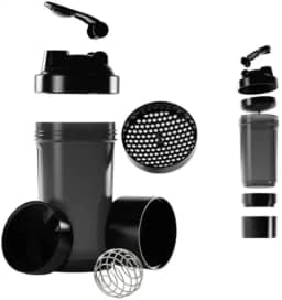 Coqueteleira Shaker 500ml, 3 em 1, com Compartimentos para Suplementos e Cápsulas, Peneira e Marcador ML/OZ