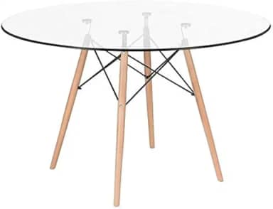 Loft7, Mesa De Jantar Redonda Eames Eiffel Com Tampo De Vidro E Base De Madeira E Aço 120 Cm Cozinha Sala De Jantar Bar Cafeteria