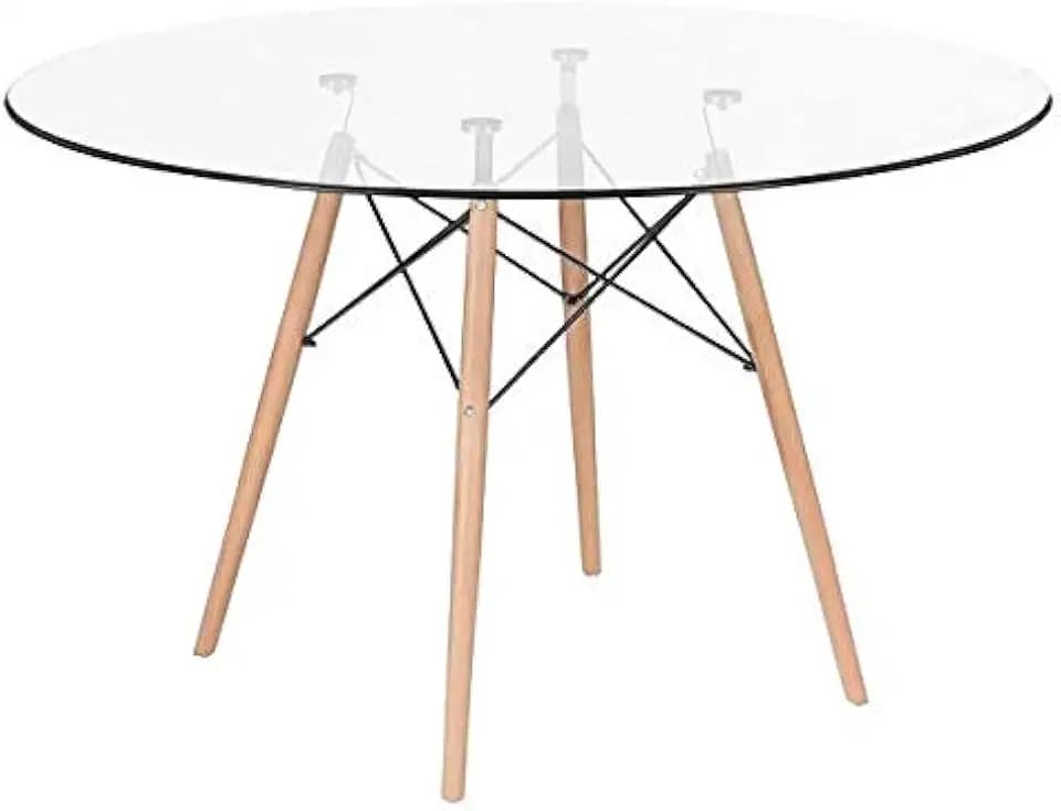 Loft7, Mesa De Jantar Redonda Eames Eiffel Com Tampo De Vidro E Base De Madeira E Aço 120 Cm Cozinha Sala De Jantar Bar Cafeteria