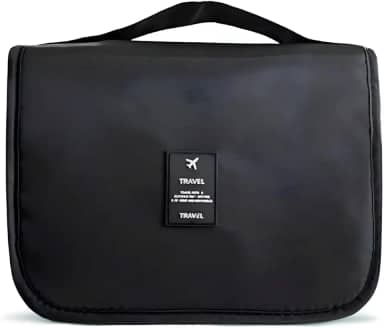 Nécessaire Organizadora de Viagem com Gancho – Bolsa Dobrável Impermeável com Divisórias para Higiene Pessoal, Maquiagem, Cosméticos – Unissex Compacta (PRETA)