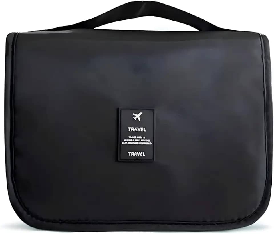 Nécessaire Organizadora de Viagem com Gancho – Bolsa Dobrável Impermeável com Divisórias para Higiene Pessoal, Maquiagem, Cosméticos – Unissex Compacta (PRETA)