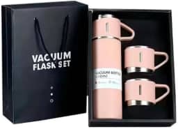 Kit Garrafa Térmica de Aço Inoxidável 500ml + 3 Canecas – Rosa – Ideal para Viagens, Trabalho e Piqueniques