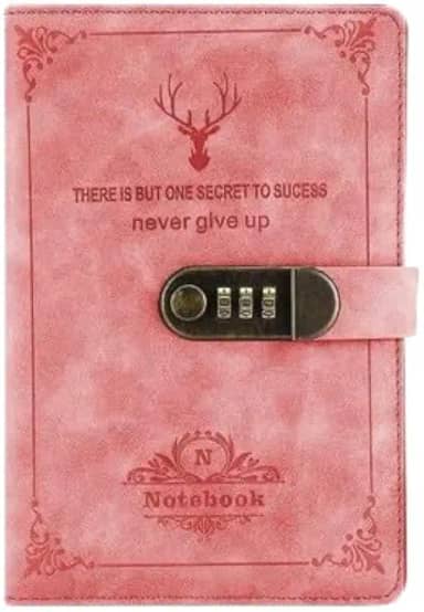 Diário com Trava de Segurança A5 15 x 22 cm | 200 Páginas Pautadas | Capa em Couro Sintético | Porta-caneta e Porta-cartão (Rosa)