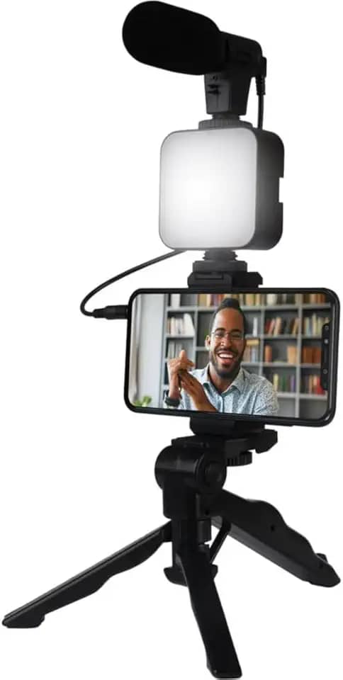 Kit Gravação Completo c/Tripé, Luz LED, Suporte Celular – Ideal para Vlogs, Vídeos e Lives Profissionais