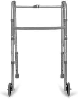 Andador Adulto Idoso com rodas alumínio dobrável altura regulável articulado Modelo D10 2 barras Delamed (acompanha pés com ponteira e pés com rodas se quiser usar alternadamente)